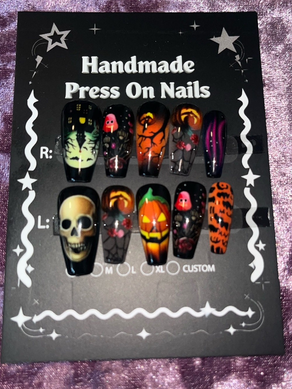 Handmade Halloween Press-On Nails - Black Orange Purple